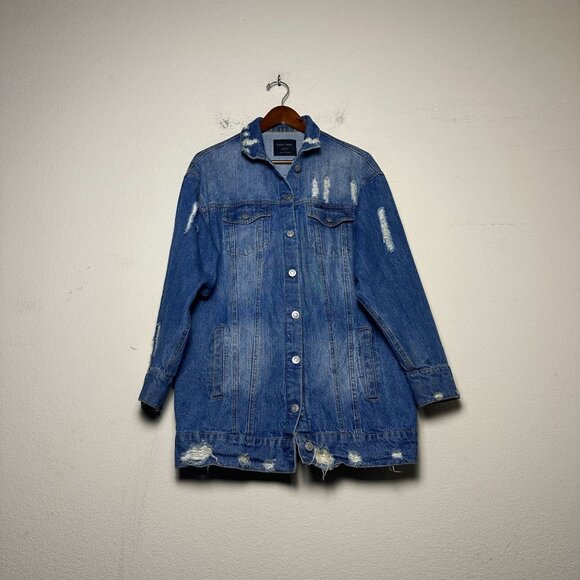 Love Tree Denim Jean Distressed Trucker Jacket Women M Blue Fall Winter Button - Picture 1 of 11
